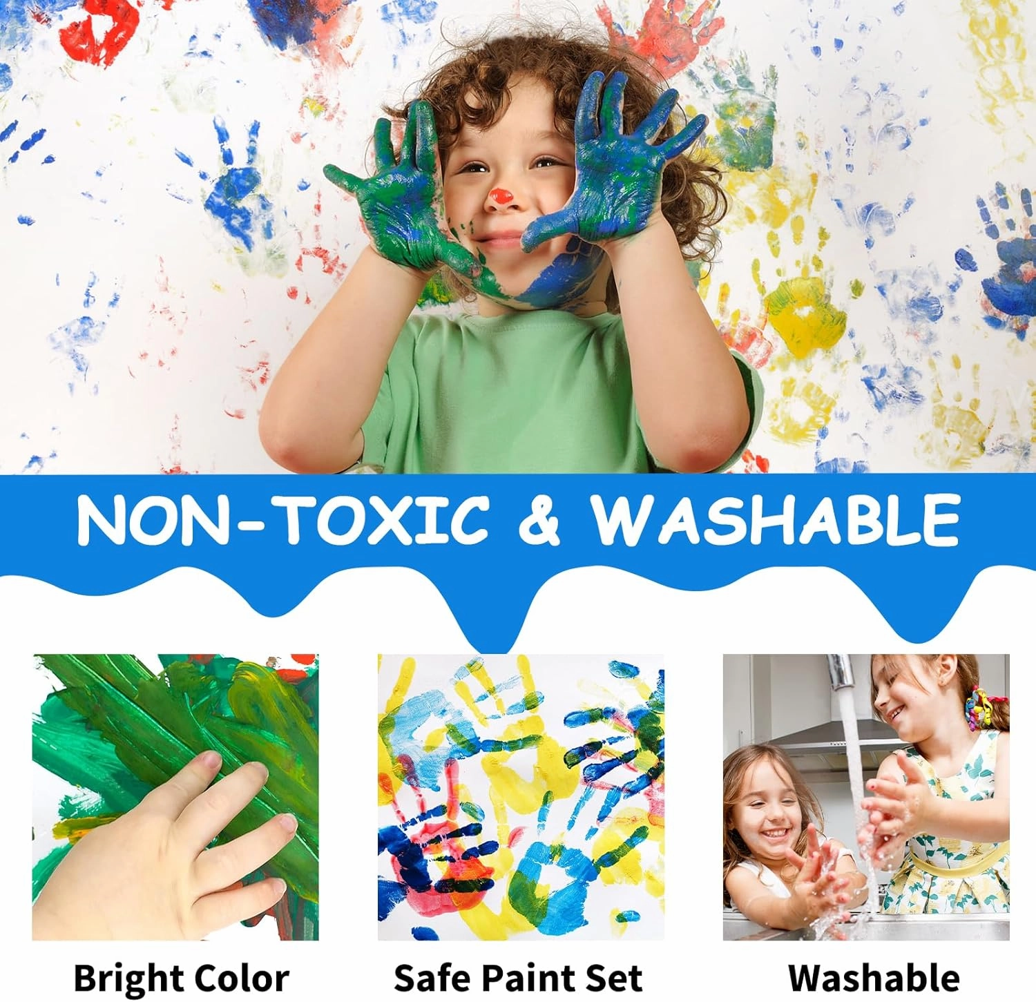 ABEIER Washable Finger Paint for Toddlers, Safe Non-Toxic, 12 x 2oz Vibrant Colors, Baby Safe Paint for Hand and Feet, Mess Free Art Supplies for Kids, Preschool Learning Gifts, Ages 1-3 4 5 6 