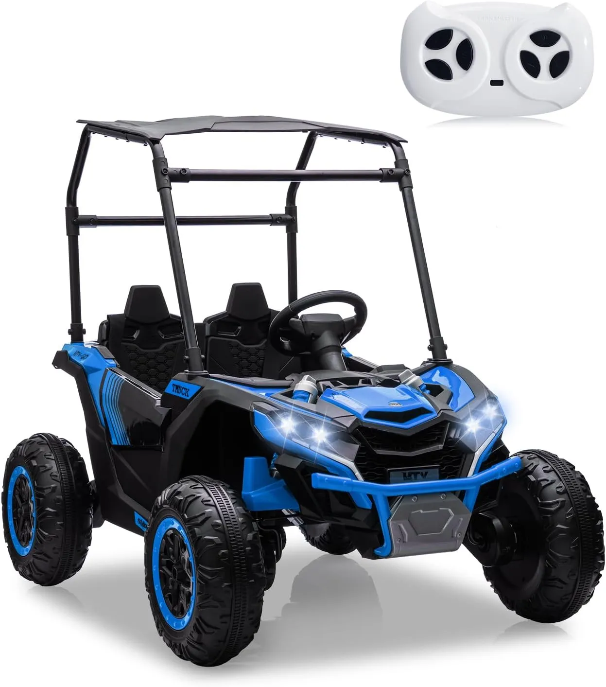 Acekool 2 Seater Ride on Car for Kids, 24V 7AH Electric Off-Road UTV Truck w/Forward & Reverse Functions, 4x200W Powerful Engine, Remote Control, Soft Start, 4 Wheeler, Lights and Music (Blue)