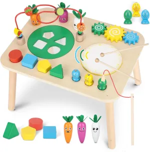 Activity Table for 1  Year Old, 7 in 1 Wooden Montessori Activity Center Play Table with Drum, Bead Maze Shape Sorter Fishing Game, Kids Sensory Educational Toddler Learning Toys 1st Birthday Gifts