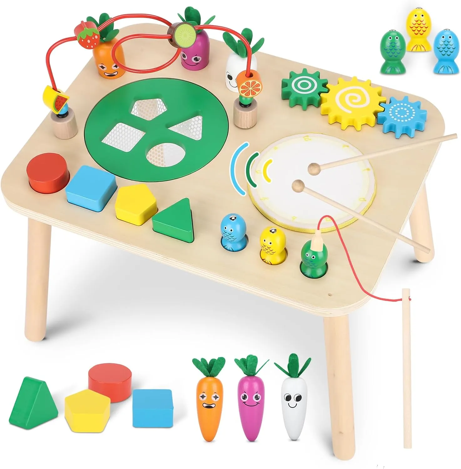 Activity Table for 1  Year Old, 7 in 1 Wooden Montessori Activity Center Play Table with Drum, Bead Maze Shape Sorter Fishing Game, Kids Sensory Educational Toddler Learning Toys 1st Birthday Gifts