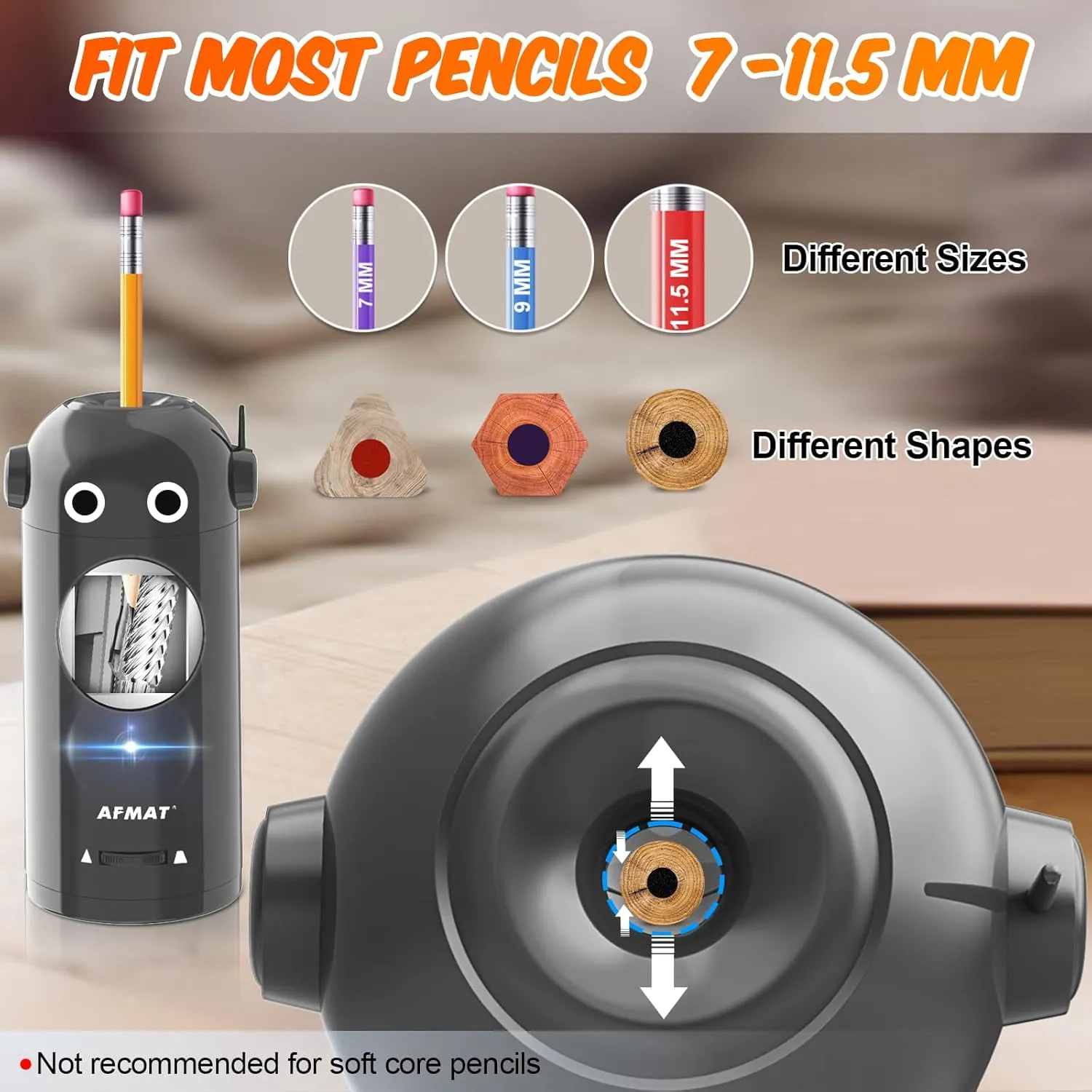 AFMAT Electric Pencil Sharpener for Colored Pencils 7-11.5mm, Auto in & Out, Fully Automatic Rechargeable Hands-Free Pencil Sharpener for Classroom, Home, Office, Gray, Battery Operated