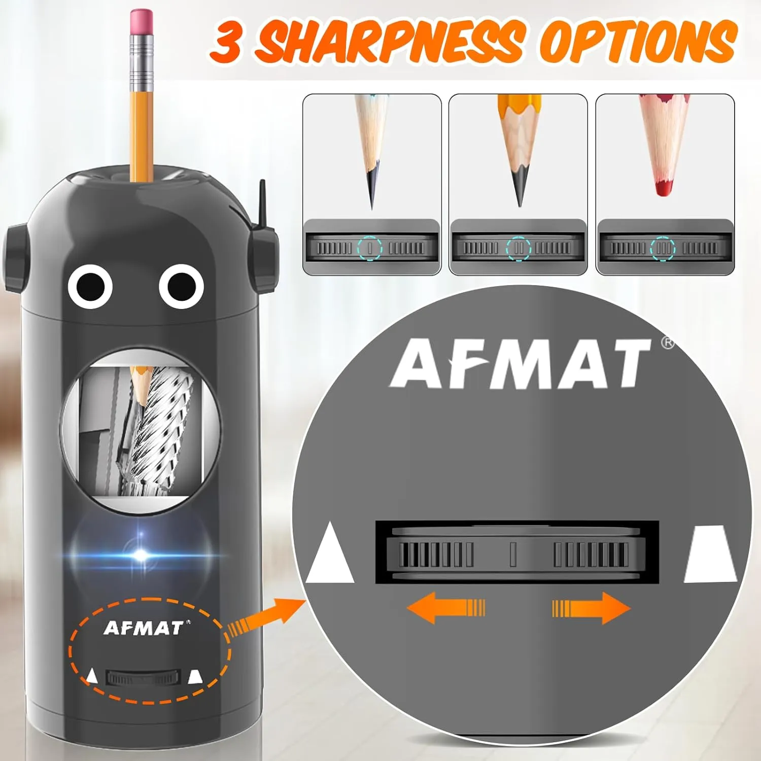 AFMAT Electric Pencil Sharpener for Colored Pencils 7-11.5mm, Auto in & Out, Fully Automatic Rechargeable Hands-Free Pencil Sharpener for Classroom, Home, Office, Gray, Battery Operated