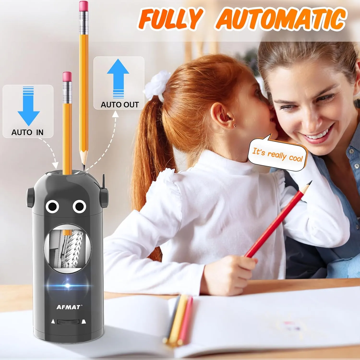 AFMAT Electric Pencil Sharpener for Colored Pencils 7-11.5mm, Auto in & Out, Fully Automatic Rechargeable Hands-Free Pencil Sharpener for Classroom, Home, Office, Gray, Battery Operated
