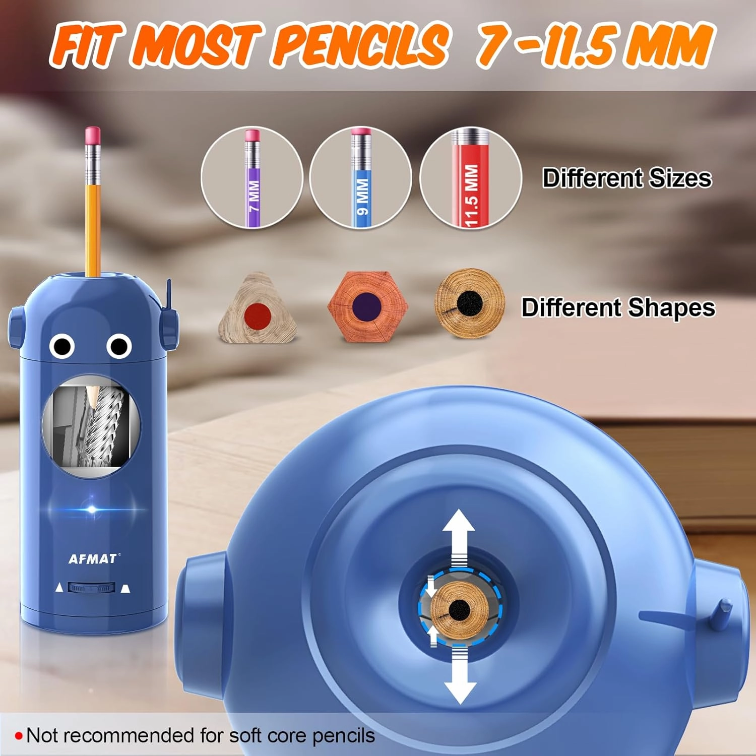 AFMAT Electric Pencil Sharpener, Robot Pencil Sharpener for Colored Pencils 7-11.5mm, Auto in & Out, Fully Automatic Rechargeable Hands-Free for Home, Classroom, Battery Powered