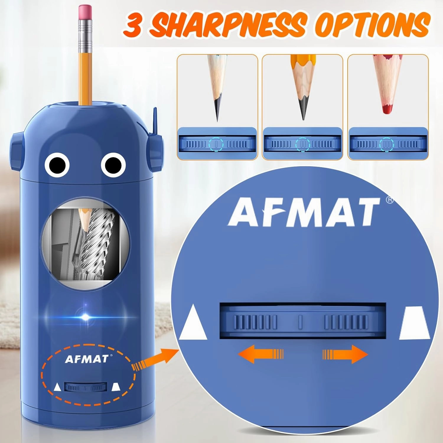 AFMAT Electric Pencil Sharpener, Robot Pencil Sharpener for Colored Pencils 7-11.5mm, Auto in & Out, Fully Automatic Rechargeable Hands-Free for Home, Classroom, Battery Powered