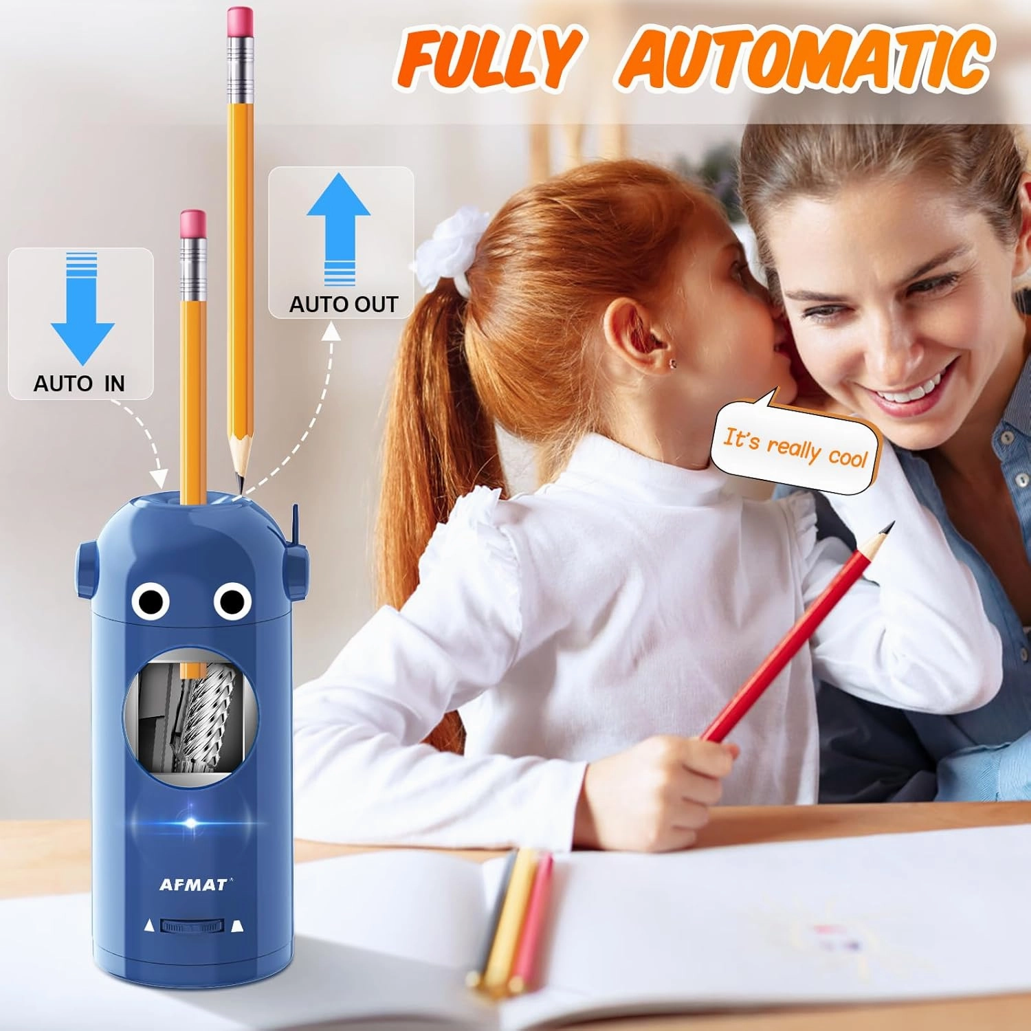 AFMAT Electric Pencil Sharpener, Robot Pencil Sharpener for Colored Pencils 7-11.5mm, Auto in & Out, Fully Automatic Rechargeable Hands-Free for Home, Classroom, Battery Powered