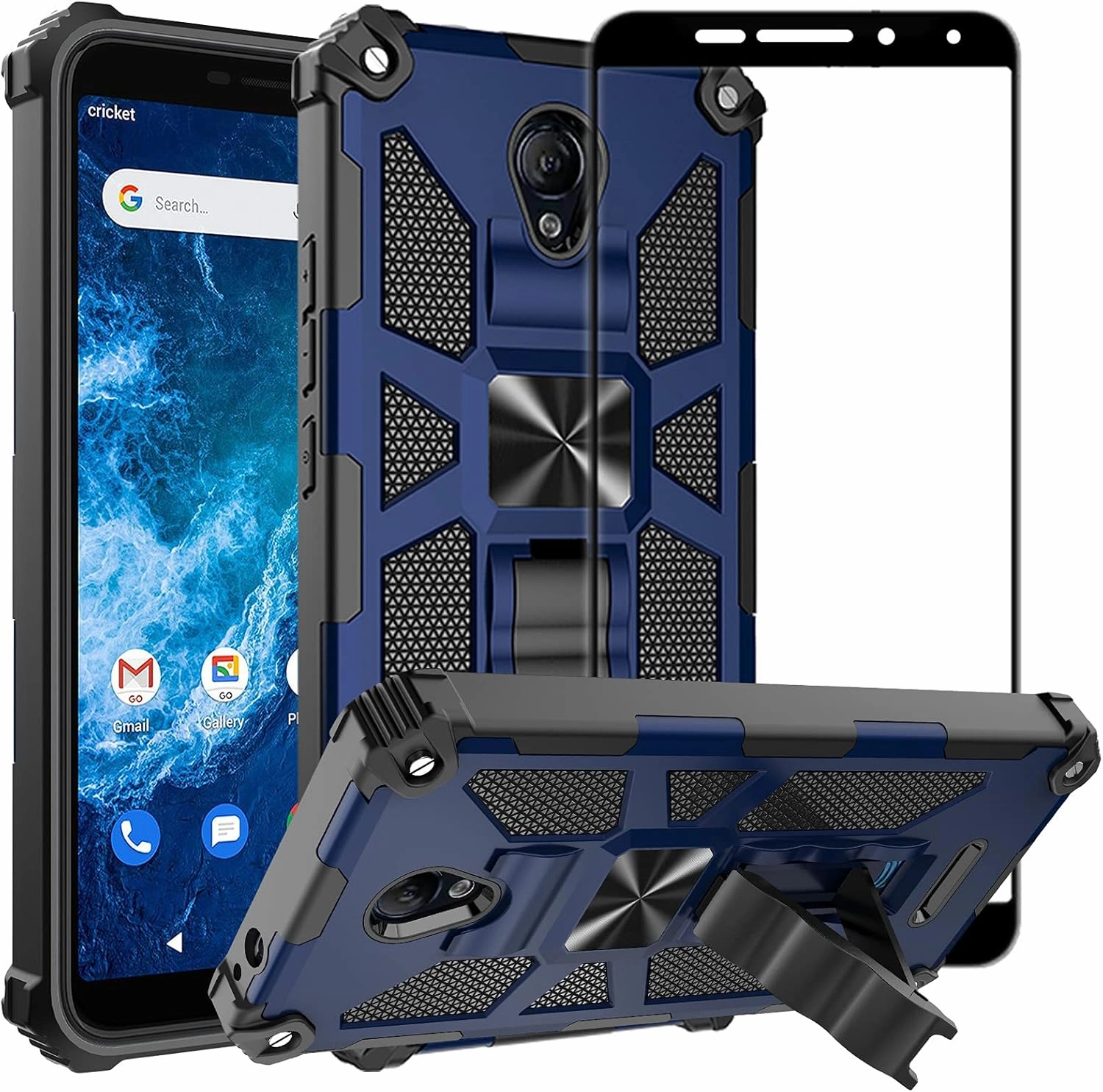 Ailiber for Cricket Icon 2 Phone Case, Cricket Icon 2 U325AC Case with Screen Protector Tempered Glass, for Magnetic Car Mount, Kickstand Holder, Rugged Full Body Protective Cover for Icon 2-Blue