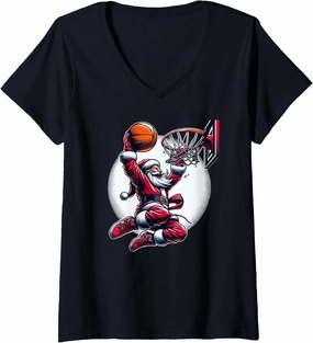 Air Santa Slam Dunk Christmas Basketball Players Holiday V-Neck T-Shirt