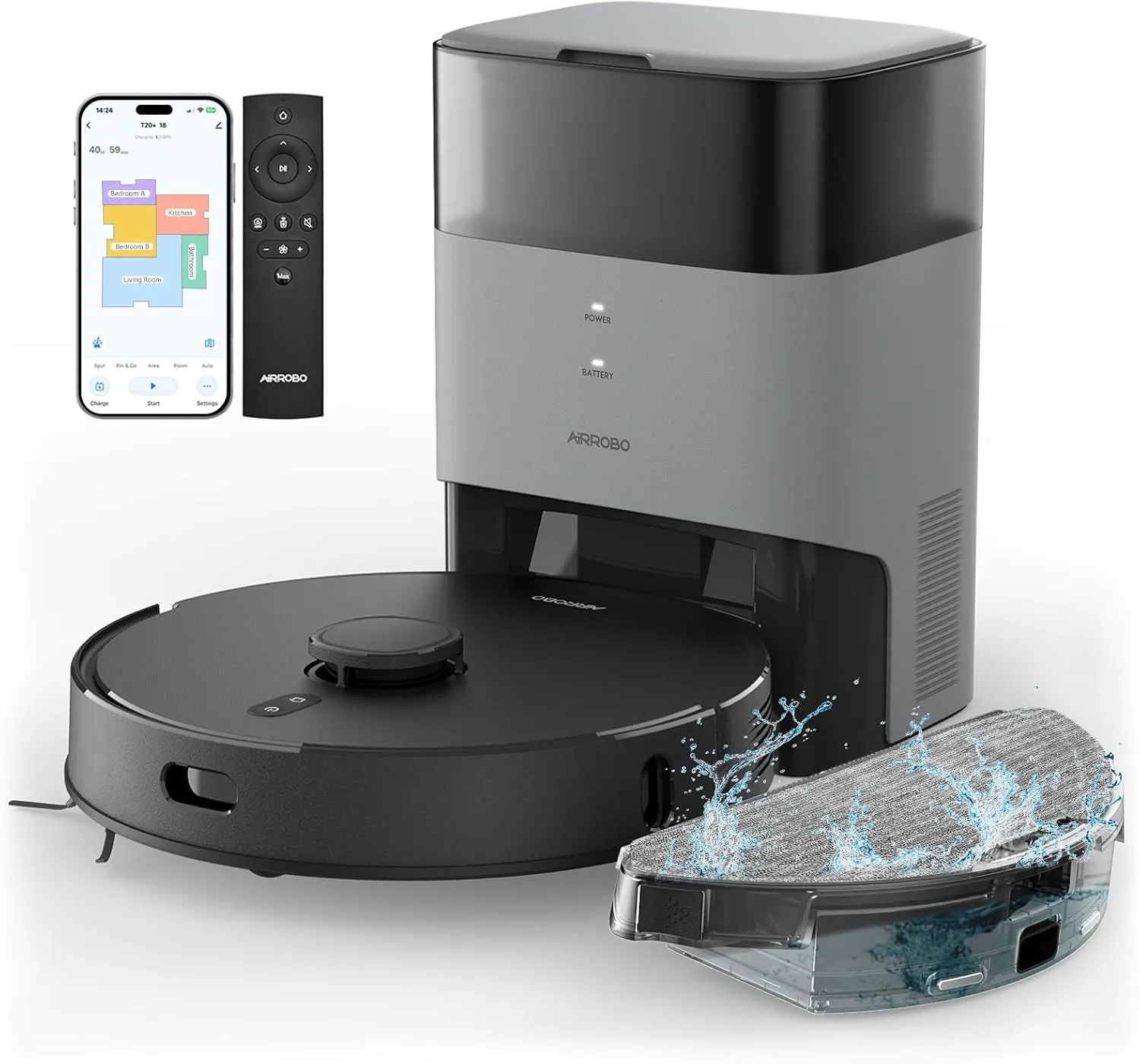 AIRROBO Robot Vacuum and Mop Combo, Self-Emptying, 60-Day Capacity, Home Mapping, Schedule, Wi-Fi/App/Alexa/Remote, 180mins Runtime, T20  Robotic Vacuum Cleaner for Pet, Hard Floors, Carpet