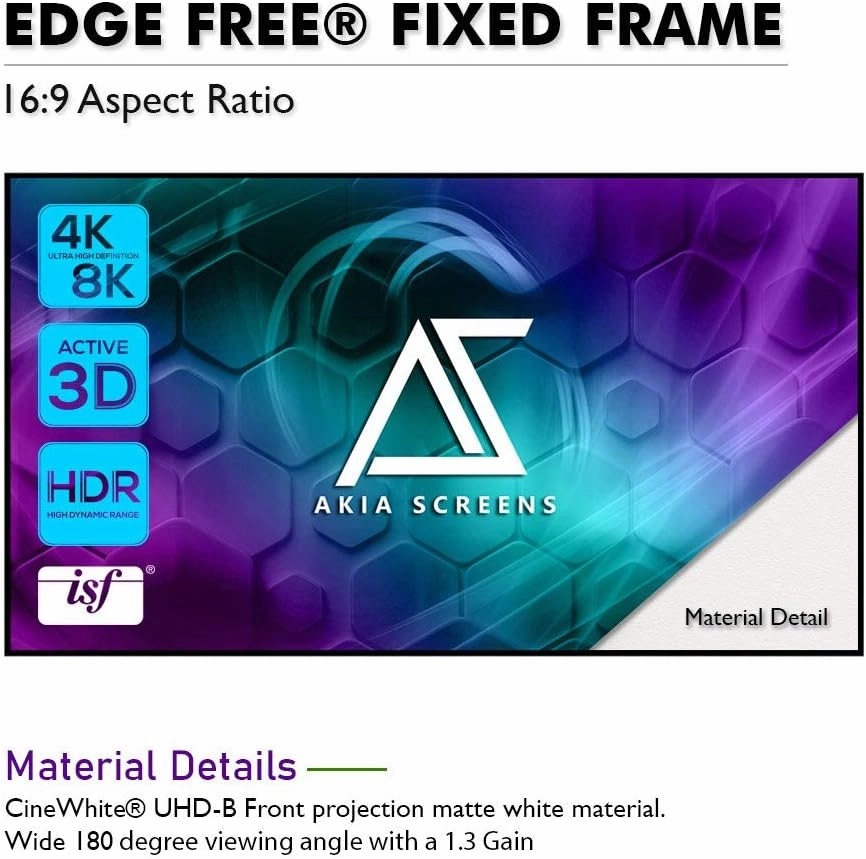 Akia Screens 100 inch Edge Free Fixed Frame Projector Screen 100" Diagonal 16:9 8K 4K Ultra HD 3D Ready CINEWHITE UHD-B Black Projection Screen for Indoor Movie Video Home Theater AK-NB100H1