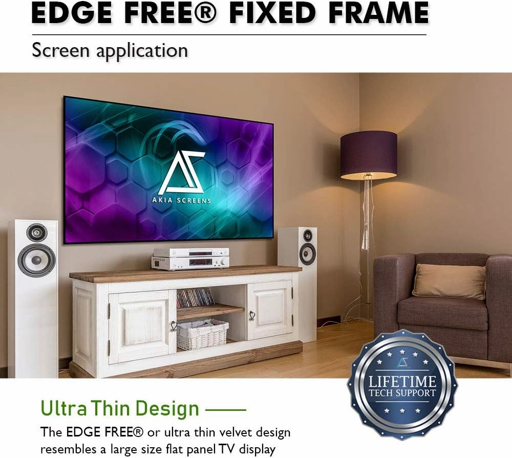 Akia Screens 100 inch Edge Free Fixed Frame Projector Screen 100" Diagonal 16:9 8K 4K Ultra HD 3D Ready CINEWHITE UHD-B Black Projection Screen for Indoor Movie Video Home Theater AK-NB100H1