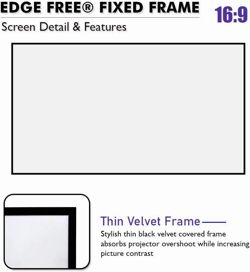 Akia Screens 100 inch Edge Free Fixed Frame Projector Screen 100" Diagonal 16:9 8K 4K Ultra HD 3D Ready CINEWHITE UHD-B Black Projection Screen for Indoor Movie Video Home Theater AK-NB100H1