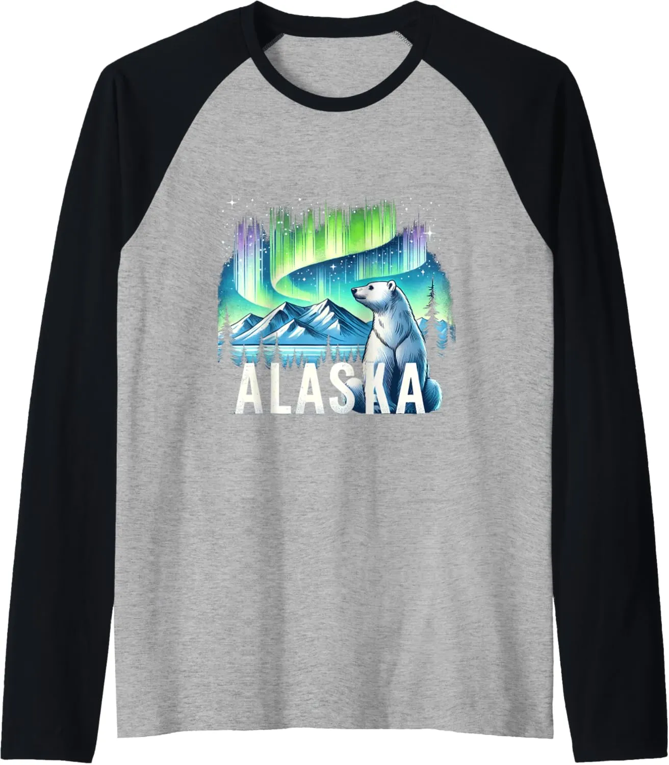 Alaska Northern Lights Aurora Viewing Vacation Bear Alaska Raglan Baseball Tee