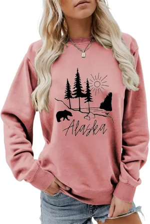 Alaska Sweatshirt Bear Lake Mountains Graphic Shirts Camping Hiking Sweater Women Casual Nature Lover Pullover Tops