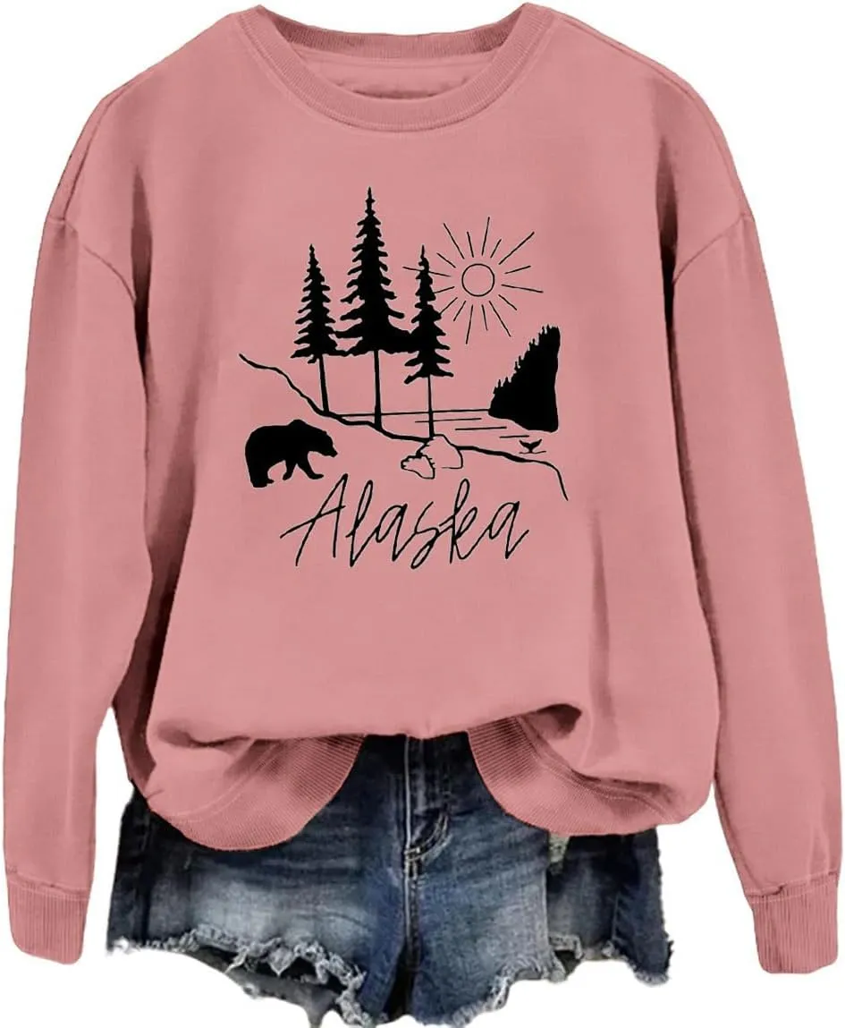 Alaska Sweatshirt Bear Lake Mountains Graphic Shirts Camping Hiking Sweater Women Casual Nature Lover Pullover Tops