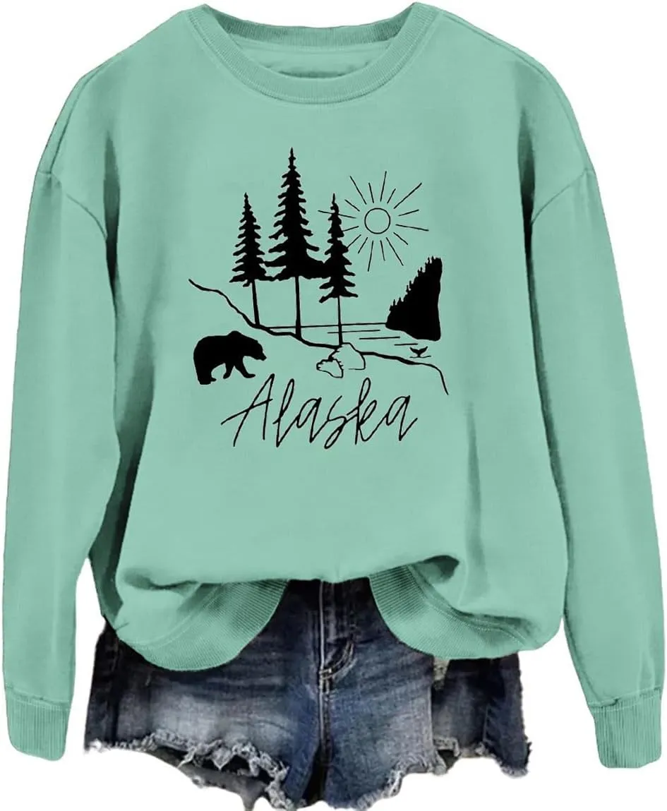 Alaska Sweatshirt Bear Lake Mountains Graphic Shirts Camping Hiking Sweater Women Casual Nature Lover Pullover Tops