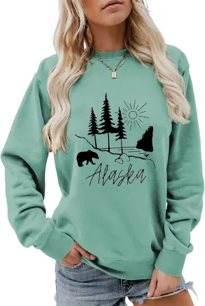 Alaska Sweatshirt Bear Lake Mountains Graphic Shirts Camping Hiking Sweater Women Casual Nature Lover Pullover Tops