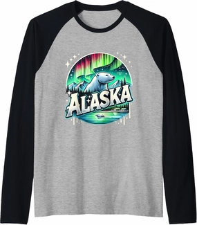 Alaska Northern Lights Aurora Viewing Vacation Alaska Bear Raglan Baseball Tee