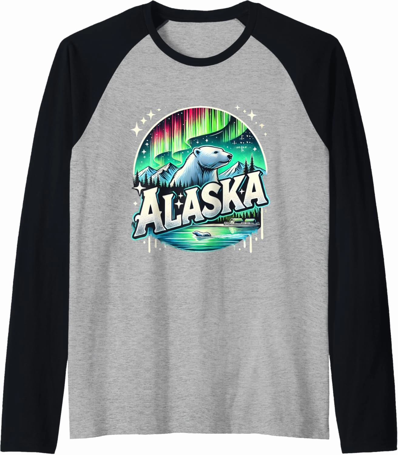 Alaska Northern Lights Aurora Viewing Vacation Alaska Bear Raglan Baseball Tee