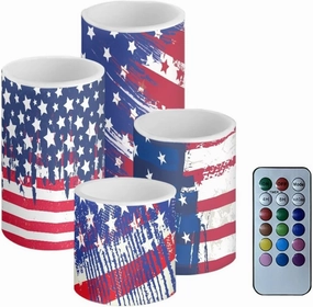 American Flag Flameless Light Candles Battery Operated Candles with Color Changing Timer Remote Control Fake Pillar Candles for July 4th Patriotic Independence Day Decoration