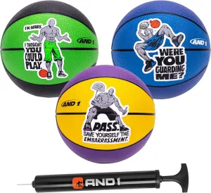 AND1 Mini Basketball 3 Pack Set for Kids (Deflated w/Pump Included): - Size 3 7-Inch Premium Youth Size Basketballs, Easy to Grip