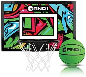 AND1 Over the Door Mini Basketball Hoop: 18x12 Shatterproof Backboard, 2 Mini Basketballs, and Hand Pump Included- Ultimate Indoor Basketball Accessory for Kids and Adults, No Tools Required