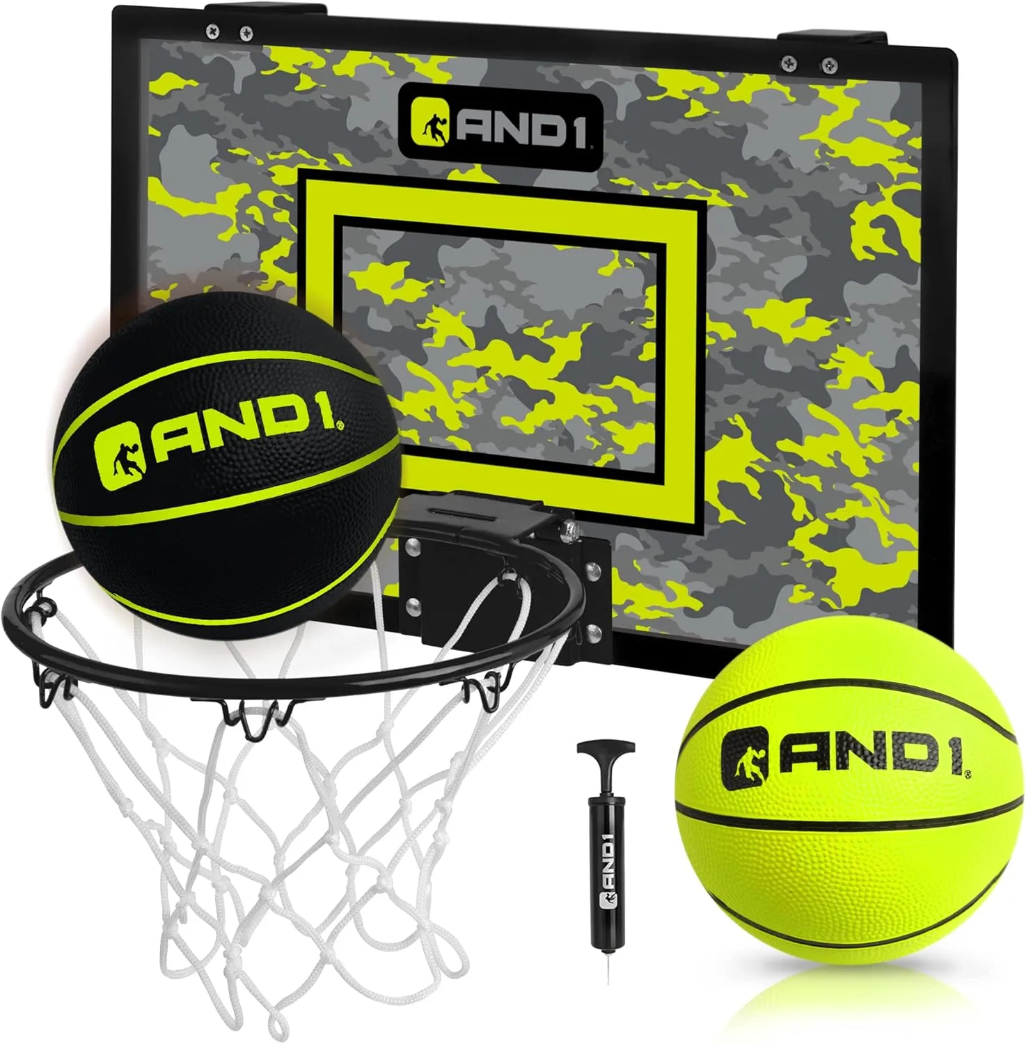 AND1 Over the Door Mini Basketball Hoop: 18x12 Shatterproof Backboard, 2 Mini Basketballs, and Hand Pump Included- Ultimate Indoor Basketball Accessory for Kids and Adults, No Tools Required