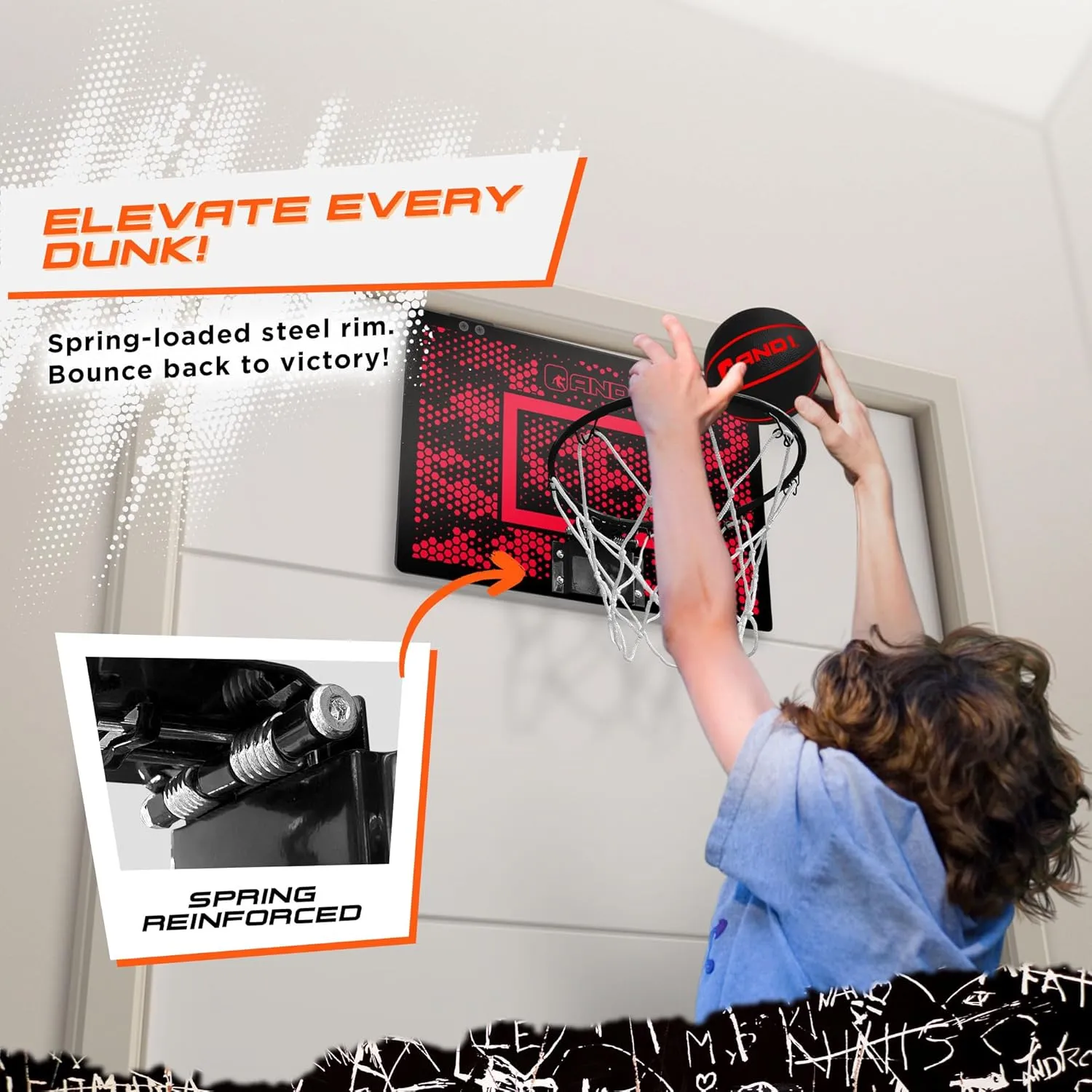 AND1 Over the Door Mini Basketball Hoop: 18x12 Shatterproof Backboard, 2 Mini Basketballs, and Hand Pump Included- Ultimate Indoor Basketball Accessory for Kids and Adults, No Tools Required