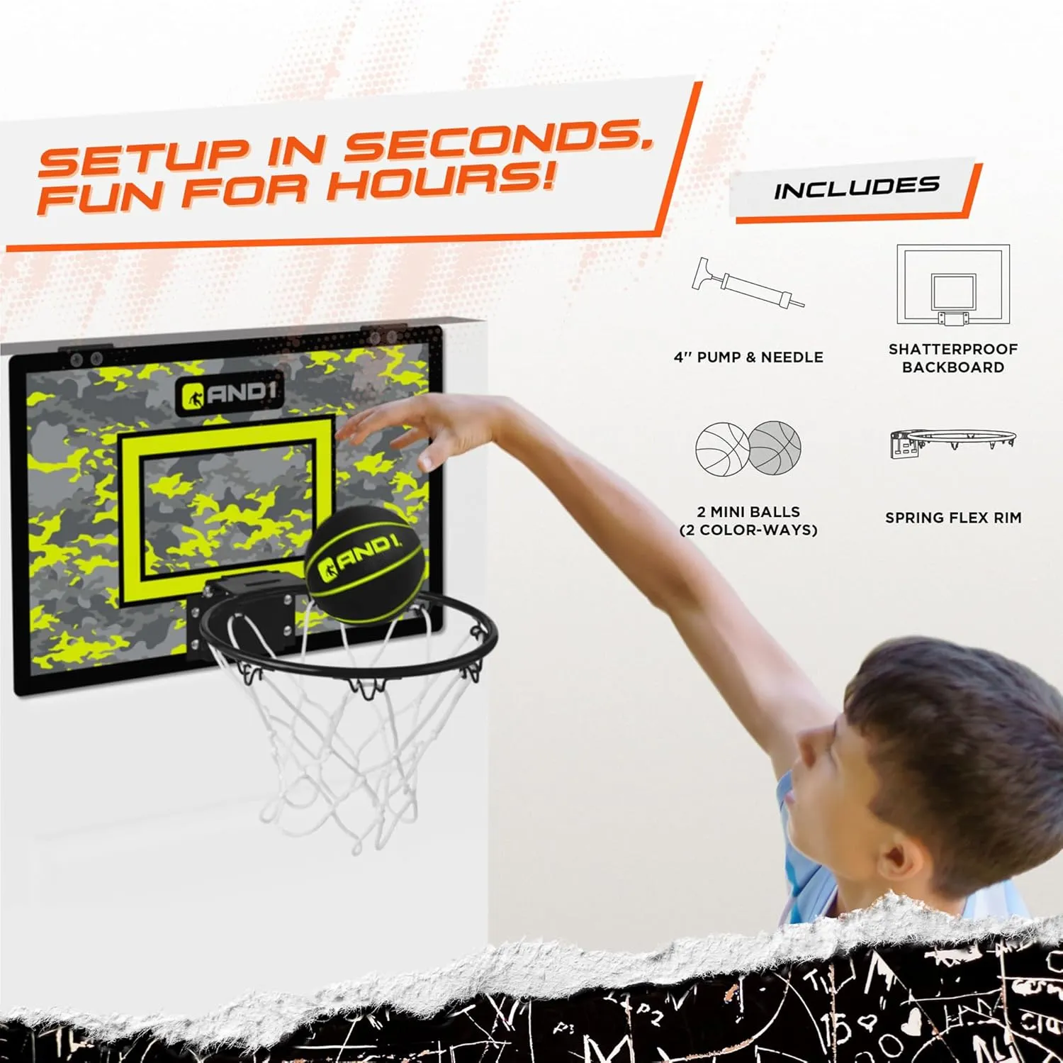AND1 Over the Door Mini Basketball Hoop: 18x12 Shatterproof Backboard, 2 Mini Basketballs, and Hand Pump Included- Ultimate Indoor Basketball Accessory for Kids and Adults, No Tools Required