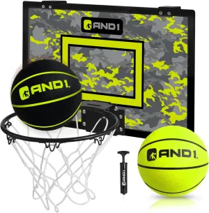 AND1 Over the Door Mini Basketball Hoop: 18x12 Shatterproof Backboard, 2 Mini Basketballs, and Hand Pump Included- Ultimate Indoor Basketball Accessory for Kids and Adults, No Tools Required