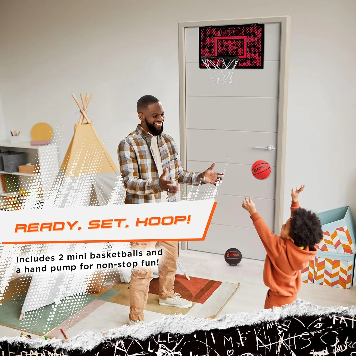 AND1 Over the Door Mini Basketball Hoop: 18x12 Shatterproof Backboard, 2 Mini Basketballs, and Hand Pump Included- Ultimate Indoor Basketball Accessory for Kids and Adults, No Tools Required