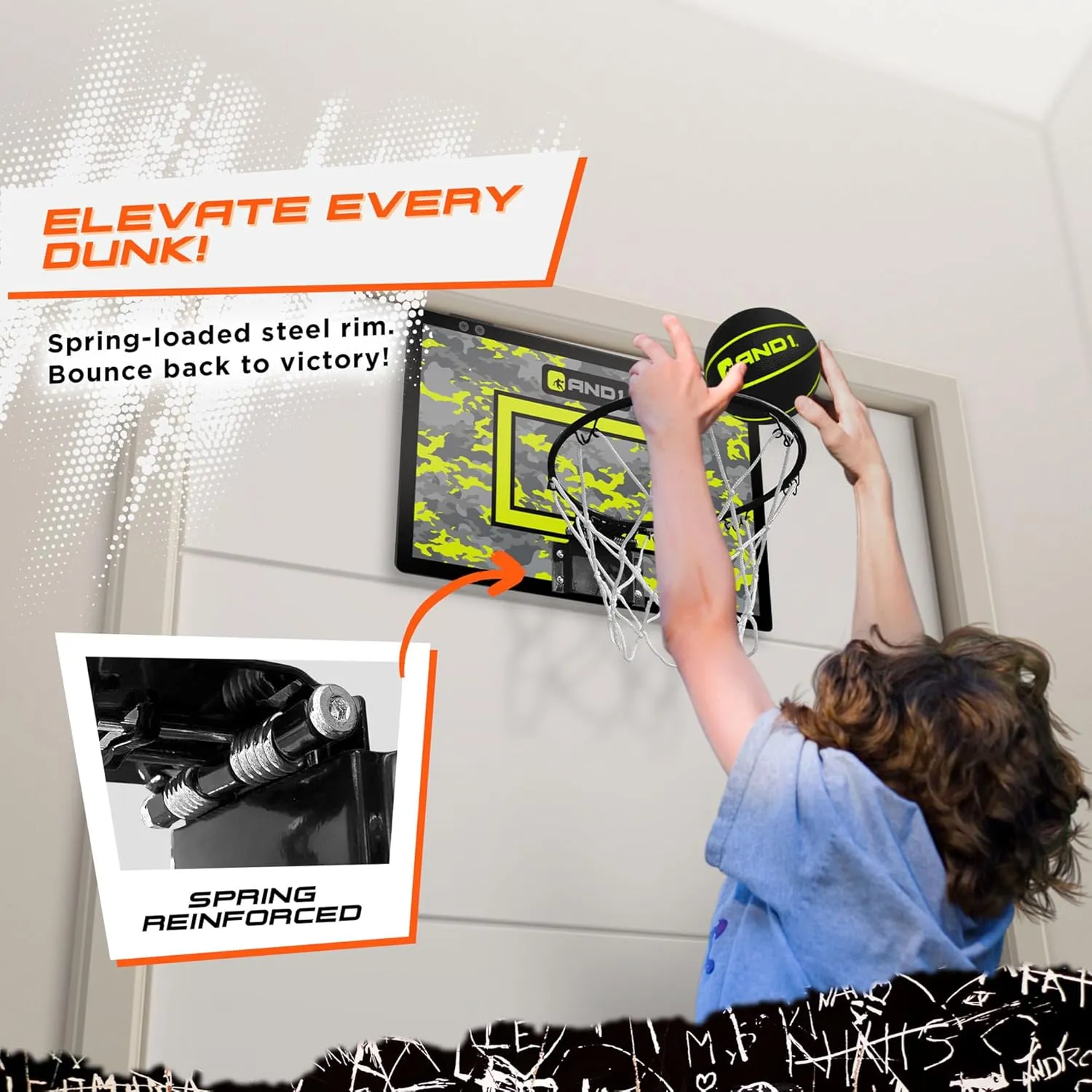 AND1 Over the Door Mini Basketball Hoop: 18x12 Shatterproof Backboard, 2 Mini Basketballs, and Hand Pump Included- Ultimate Indoor Basketball Accessory for Kids and Adults, No Tools Required