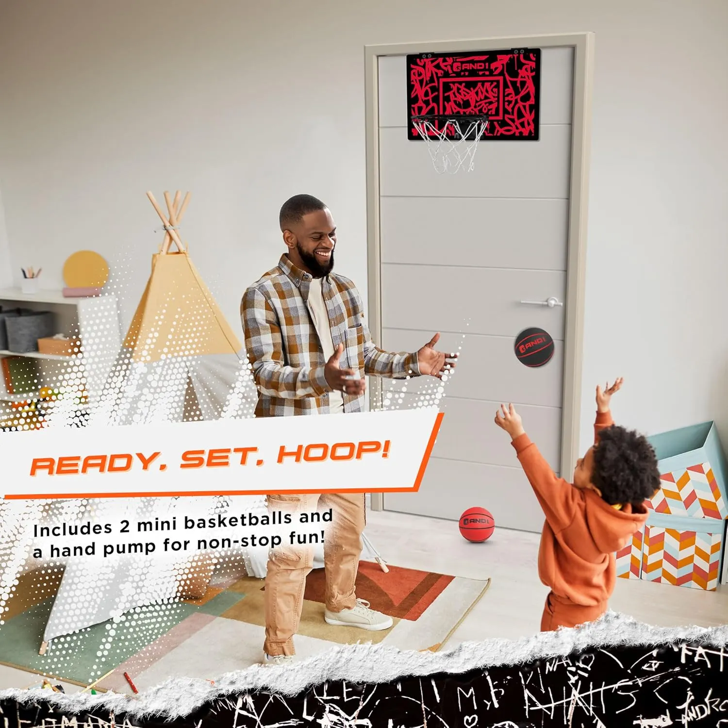 AND1 Over the Door Mini Basketball Hoop: 18x12 Shatterproof Backboard, 2 Mini Basketballs, and Hand Pump Included- Ultimate Indoor Basketball Accessory for Kids and Adults, No Tools Required