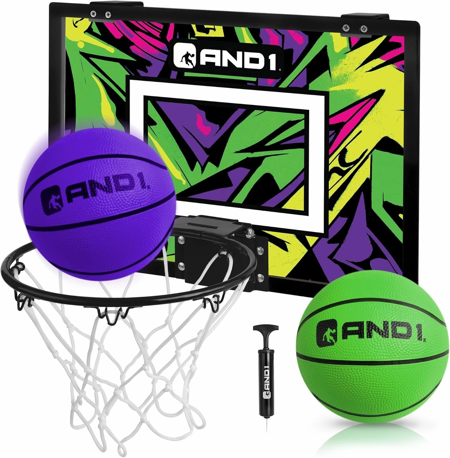 AND1 Over the Door Mini Basketball Hoop: 18x12 Shatterproof Backboard, 2 Mini Basketballs, and Hand Pump Included- Ultimate Indoor Basketball Accessory for Kids and Adults, No Tools Required