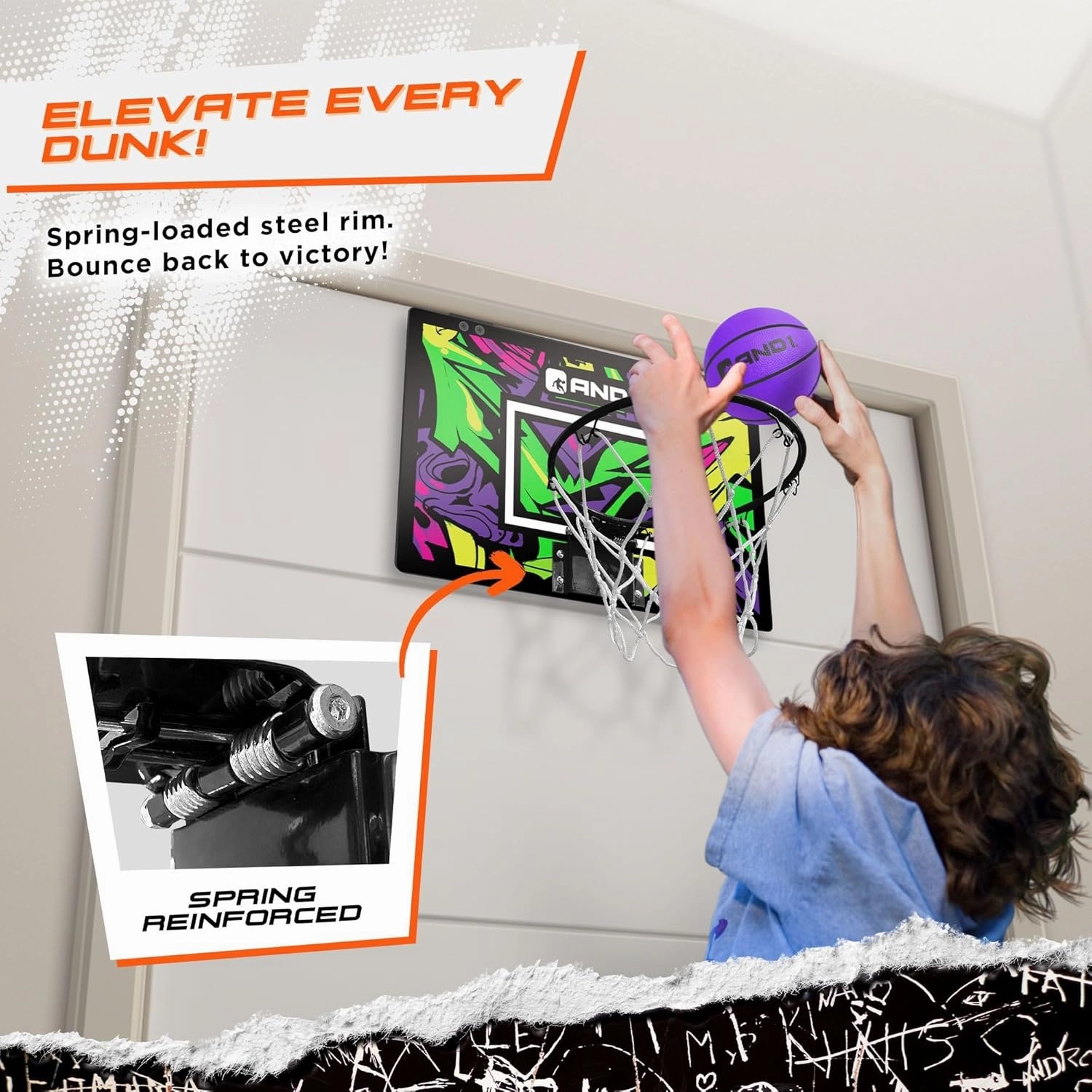 AND1 Over the Door Mini Basketball Hoop: 18x12 Shatterproof Backboard, 2 Mini Basketballs, and Hand Pump Included- Ultimate Indoor Basketball Accessory for Kids and Adults, No Tools Required
