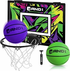 AND1 Over the Door Mini Basketball Hoop: 18x12 Shatterproof Backboard, 2 Mini Basketballs, and Hand Pump Included- Ultimate Indoor Basketball Accessory for Kids and Adults, No Tools Required