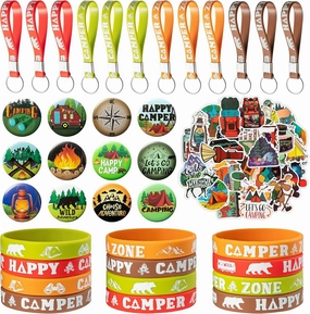 ANGOLIO 84Pcs Spring Camping Party Favors Kit Happy Camper Party Gifts Silicone Bracelets Stickers Keychains Badges for Kids Friends Summer School Camping Adventure Birthday Supplies