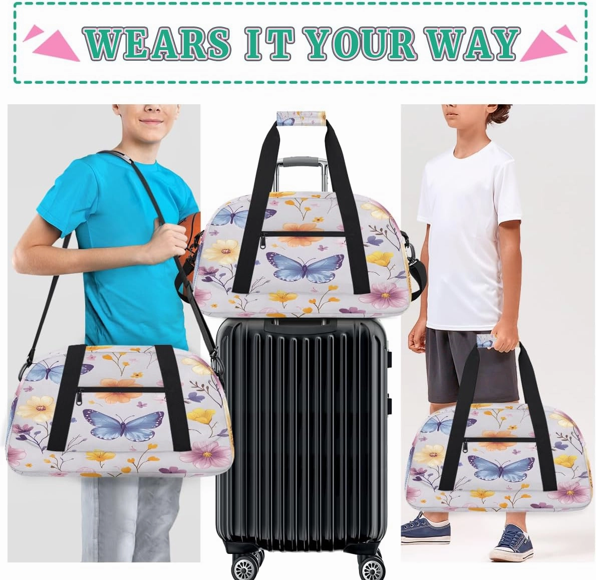 Animal Butterfly Kids Overnighter Duffel Bags for Boys, Carry-On Size Sports Gym Bag with Front Zipper Pocket for School Practice or Overnight Travel Weekender Sleepover Tote Bag