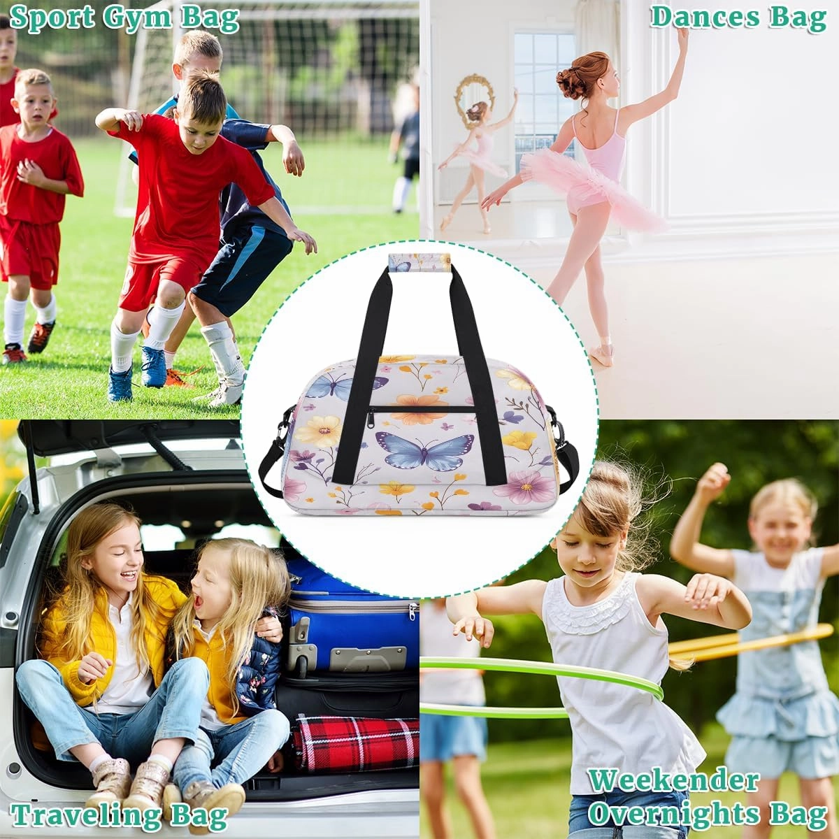 Animal Butterfly Kids Overnighter Duffel Bags for Boys, Carry-On Size Sports Gym Bag with Front Zipper Pocket for School Practice or Overnight Travel Weekender Sleepover Tote Bag