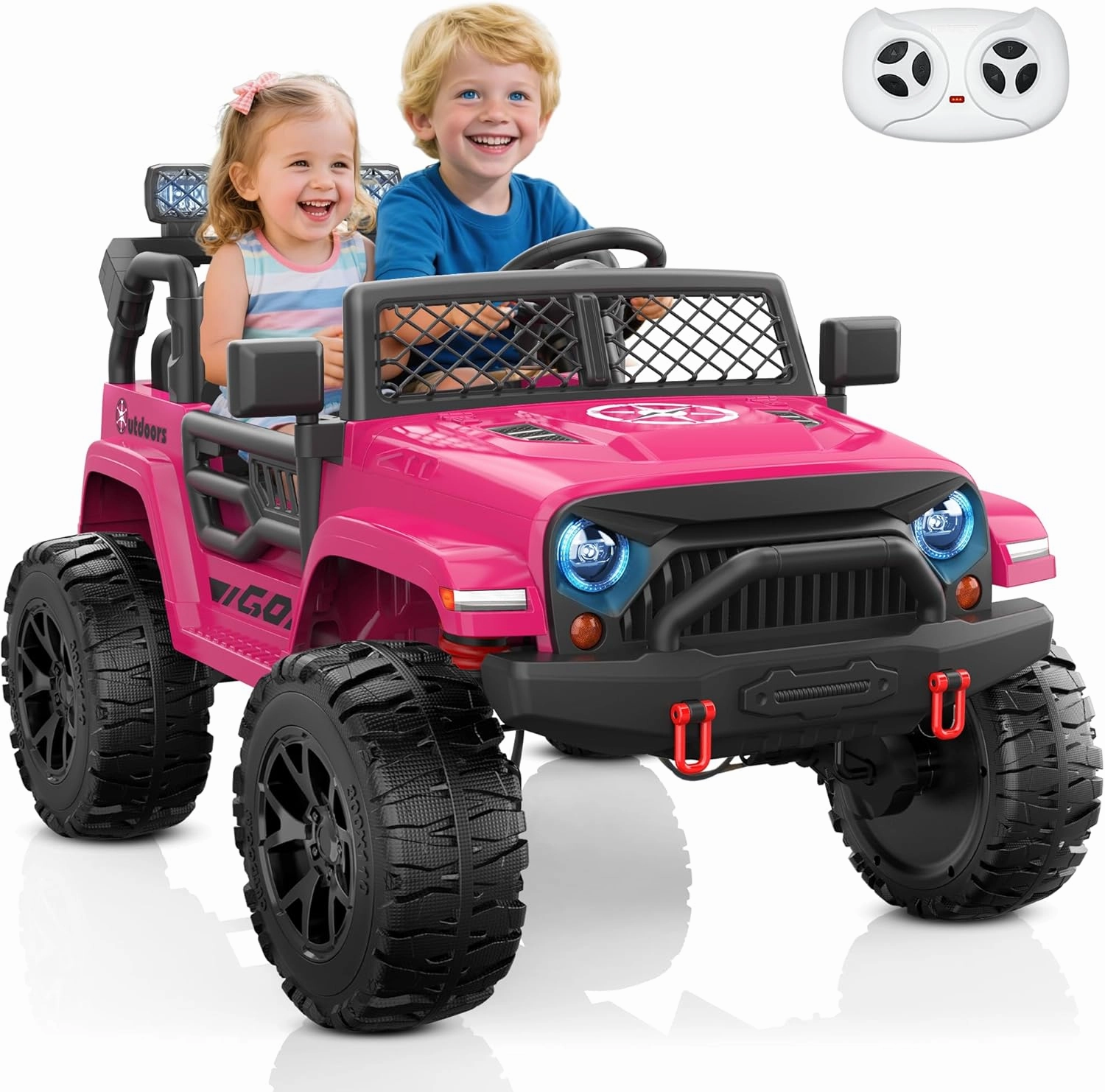 ANPABO 24V 2 Seater Ride on Toy Truck w/EVA Tires, 4X200W Motors, 4 Shock Absorbers, 2.4G Remote Control, Bluetooth Radio, LED Headlights & Searchlights, Electric Car for Kids 3-8, Pink