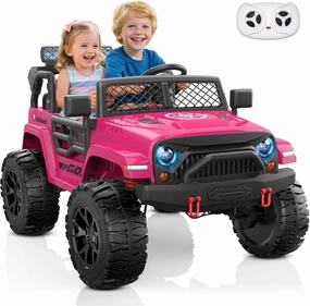 ANPABO 24V 2 Seater Ride on Toy Truck w/EVA Tires, 4X200W Motors, 4 Shock Absorbers, 2.4G Remote Control, Bluetooth Radio, LED Headlights & Searchlights, Electric Car for Kids 3-8, Pink