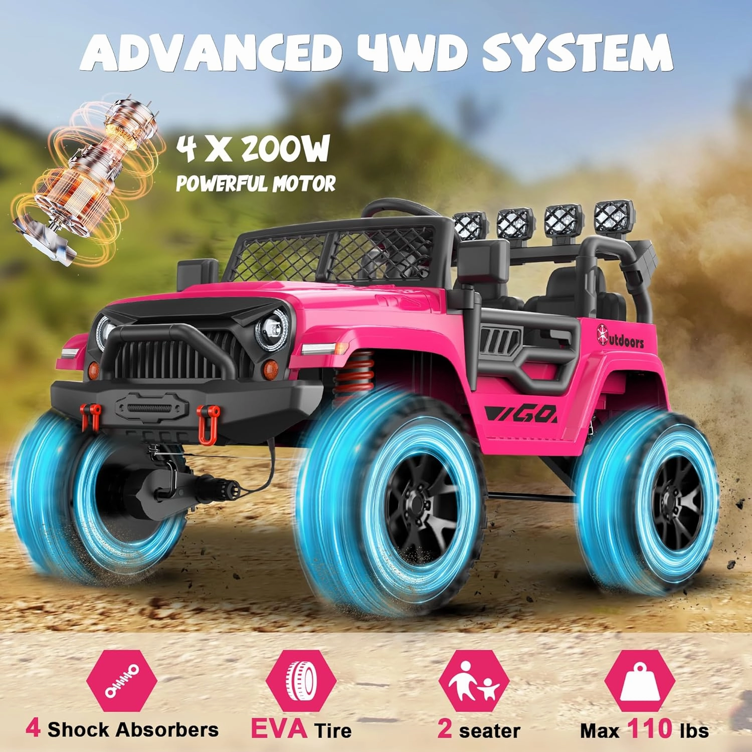ANPABO 24V 2 Seater Ride on Toy Truck w/EVA Tires, 4X200W Motors, 4 Shock Absorbers, 2.4G Remote Control, Bluetooth Radio, LED Headlights & Searchlights, Electric Car for Kids 3-8, Pink
