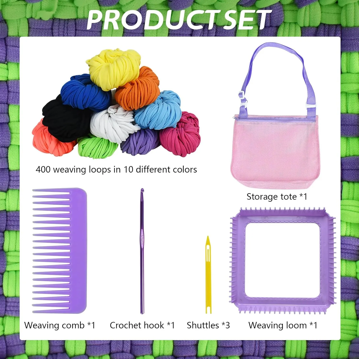 Artcome Pot Holder Weaving Loom Kit with 400 Weaving Loops of 10 Colors, Metal Crochet Hook, Shuttle, Weaving Comb, Storage Hand Bag - Potholder Loom Kit for Girls and Adults - Ideal Gift (Purple)