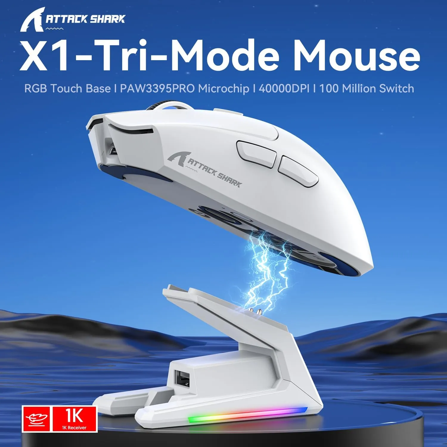 ATTACK SHARK X1 Ultralight Wireless Gaming Mouse with Magnetic RGB Charging Dock,Anti Slip Grip Tape,PixArt PAW3395 Pro Sensor,40000DPI,BT/2.4Ghz/Wired,Optical Micro Switch for PC Mac Gamer(Black)