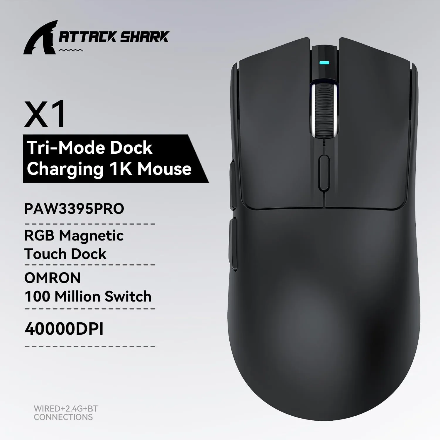 ATTACK SHARK X1 Ultralight Wireless Gaming Mouse with Magnetic RGB Charging Dock,Anti Slip Grip Tape,PixArt PAW3395 Pro Sensor,40000DPI,BT/2.4Ghz/Wired,Optical Micro Switch for PC Mac Gamer(Black)