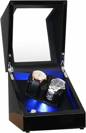 Automatic Watch Winder Box for 2 Watches Wooden Double Watch Winder Case with Blue LED Backlight Motor and Dual Power Supply 5 Roation Modes