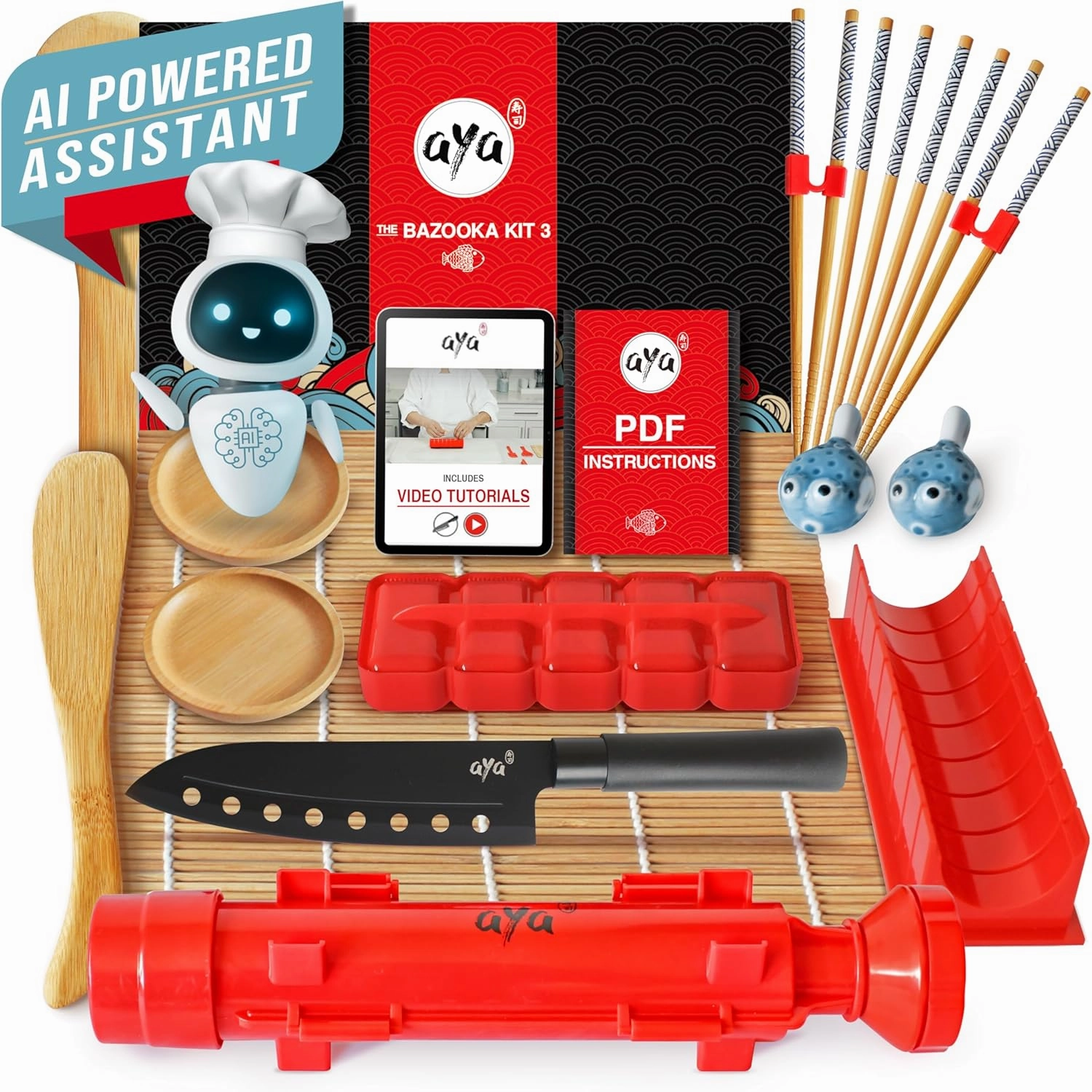 aya Sushi Making Kit - Original Bazooka Kit - Sushi Knife - Video Tutorials - Sushi Maker - 2 Bamboo Mats - Paddle Spreader - 5 x Chopsticks