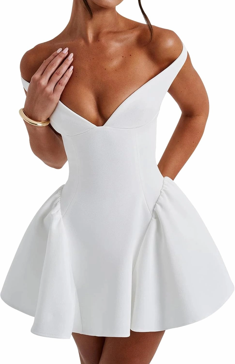 Azhong Women's Summer Sexy V Neck Off Shoulder Wedding Mini Dresses Backless A Line Puffy Hem Prom Party Gown