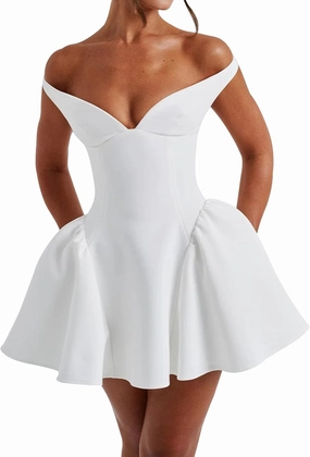 Azhong Women's Summer Sexy V Neck Off Shoulder Wedding Mini Dresses Backless A Line Puffy Hem Prom Party Gown