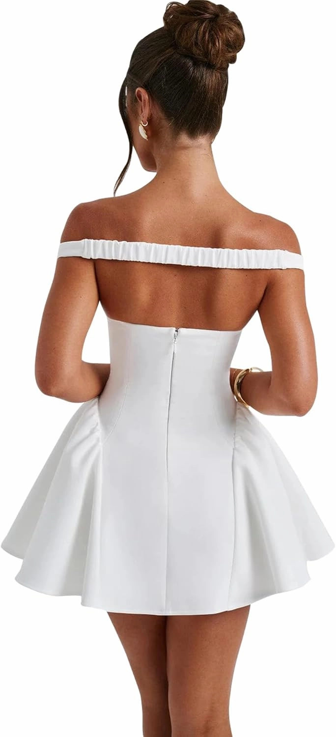 Azhong Women's Summer Sexy V Neck Off Shoulder Wedding Mini Dresses Backless A Line Puffy Hem Prom Party Gown